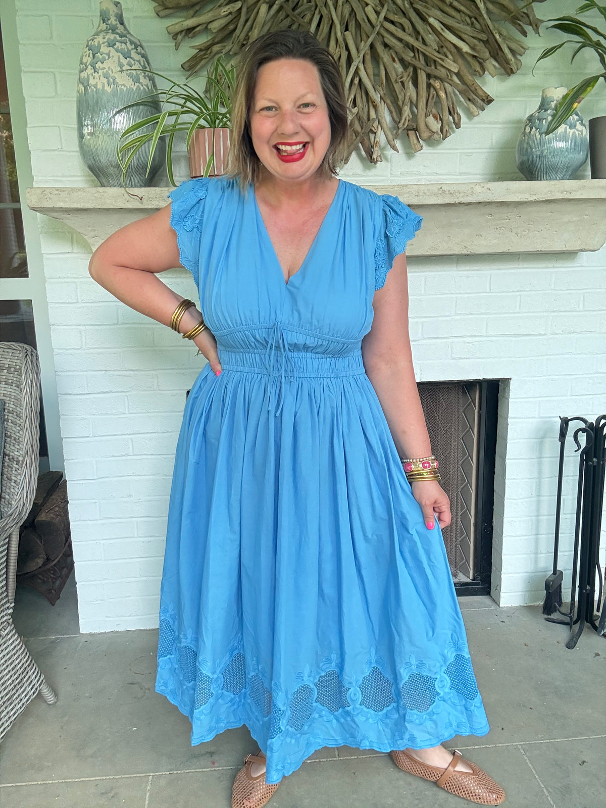 V-Neck Flutter Sleeve Elastic Waist Midi Dress with Tie Front Detail - Faded Blue
