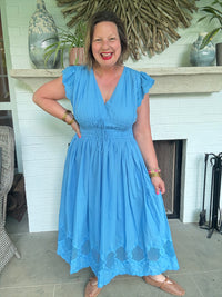 V-Neck Flutter Sleeve Elastic Waist Midi Dress with Tie Front Detail - Faded Blue
