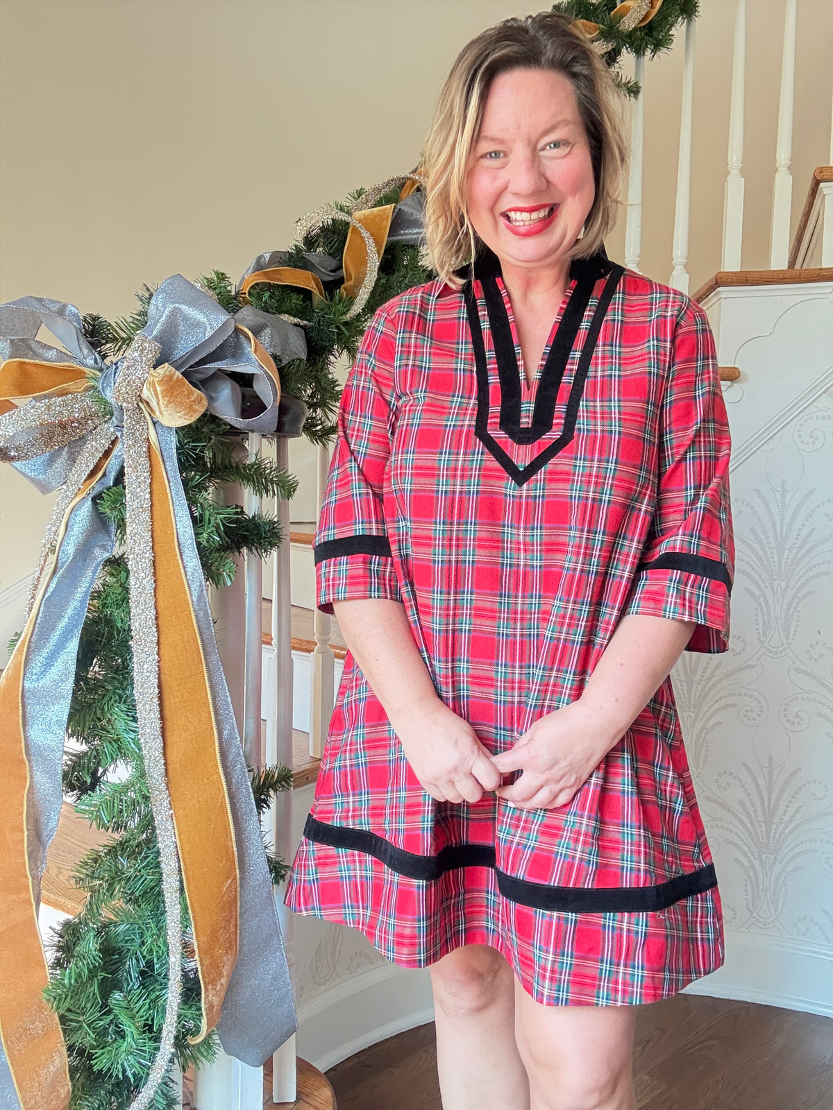 Holiday Plaid Dress with Trim - Red