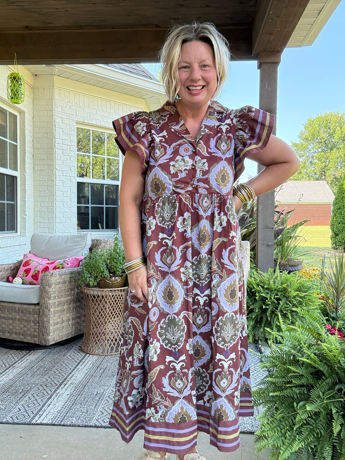 Golden Season Dress w/ Ruffle Sleeve - Red Bean