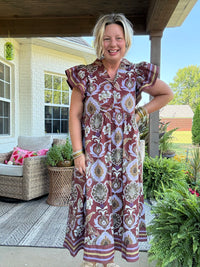 Golden Season Dress w/ Ruffle Sleeve - Red Bean