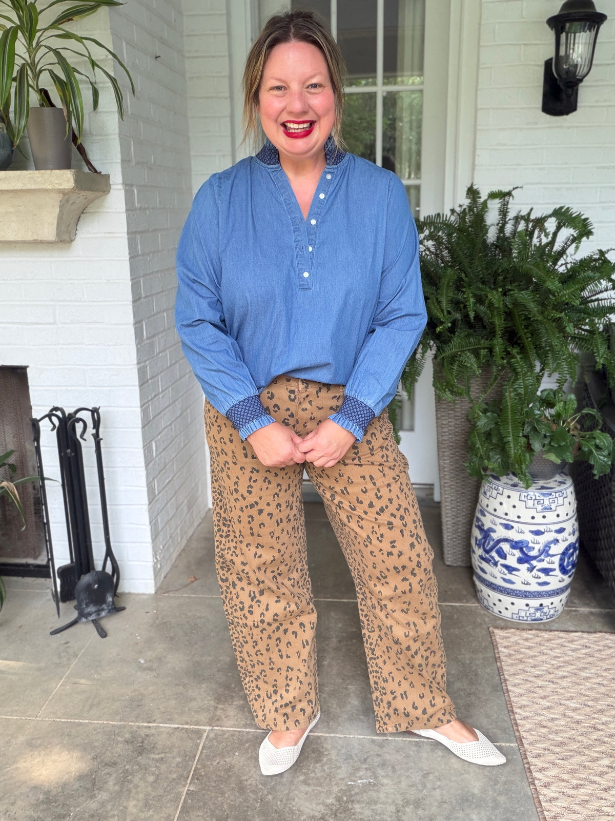 Leopard Print Wide Leg Pants - Camel
