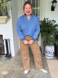 Leopard Print Wide Leg Pants - Camel