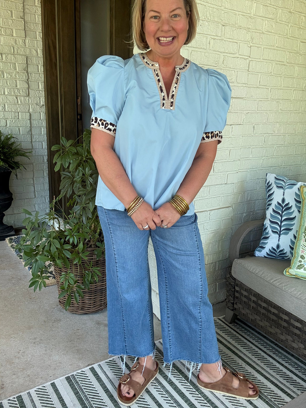 Wild Side Leopard Trim Top - Light Blue