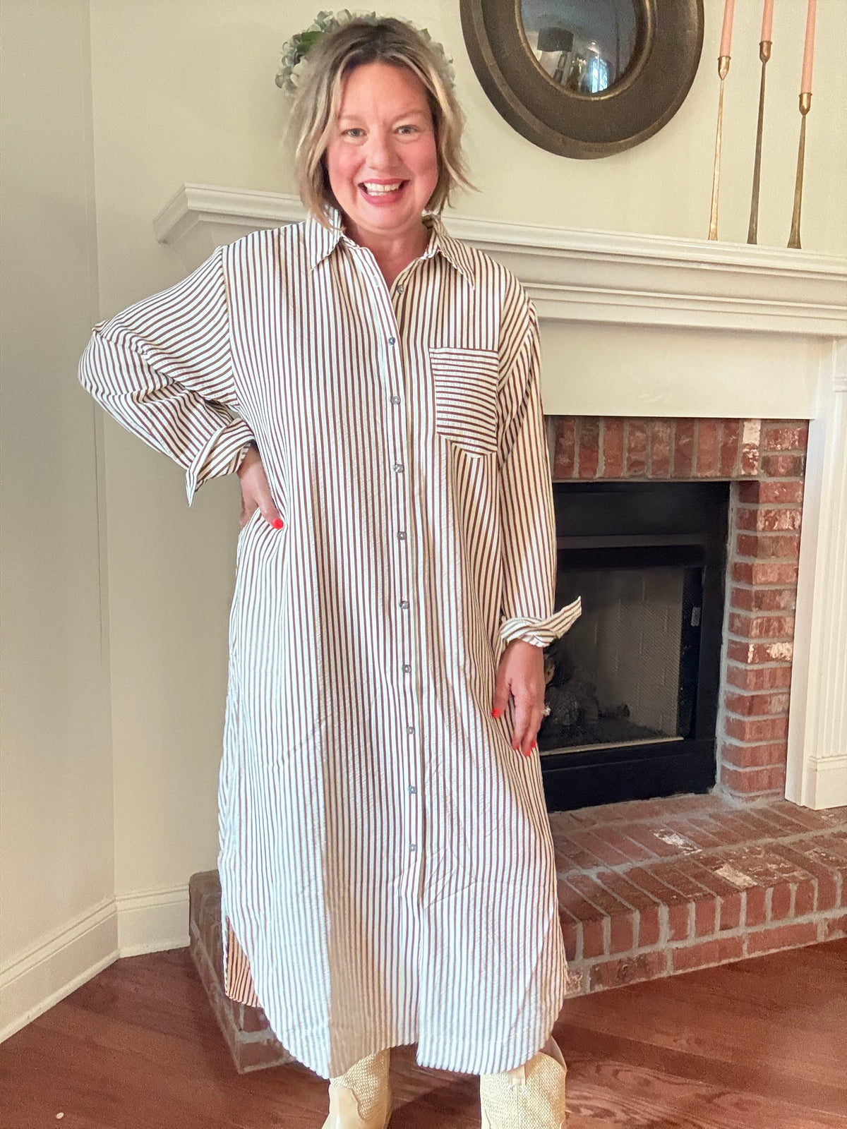 Charlotte Striped Button Down Dress - Caramel