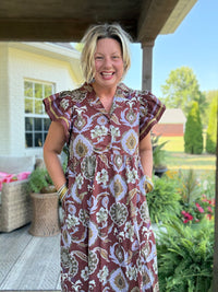 Golden Season Dress w/ Ruffle Sleeve - Red Bean