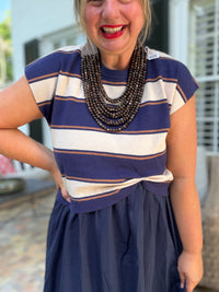 Navy and Camel Striped Sweater Dress