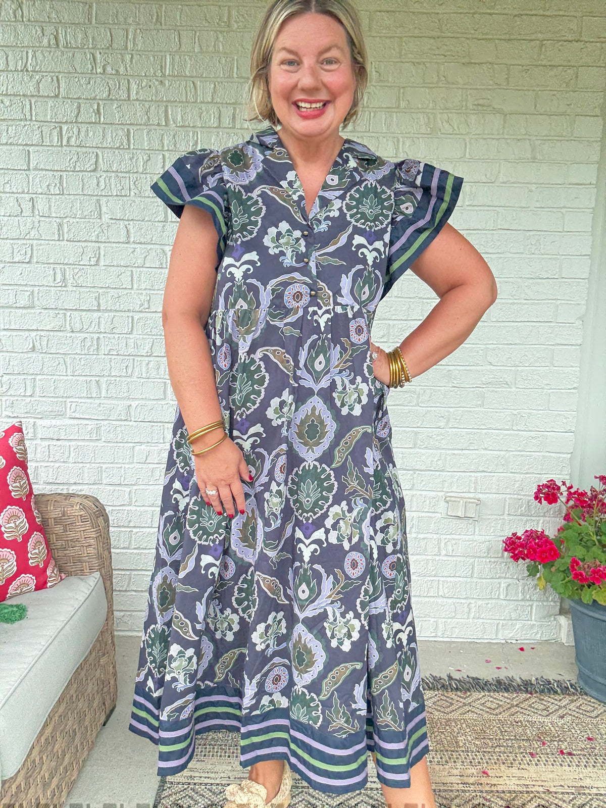 Golden Season Dress w/ Ruffle Sleeve - Navy