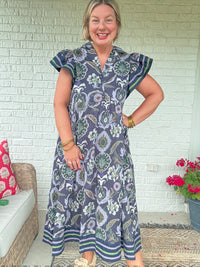 Golden Season Dress w/ Ruffle Sleeve - Navy