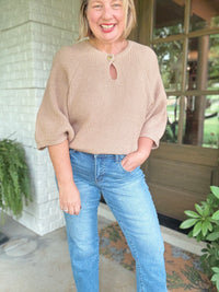 Round Neck Cropped Sleeve Sweater - Taupe