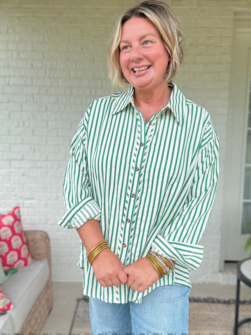 Hazel Stripe Button Up Top - Green