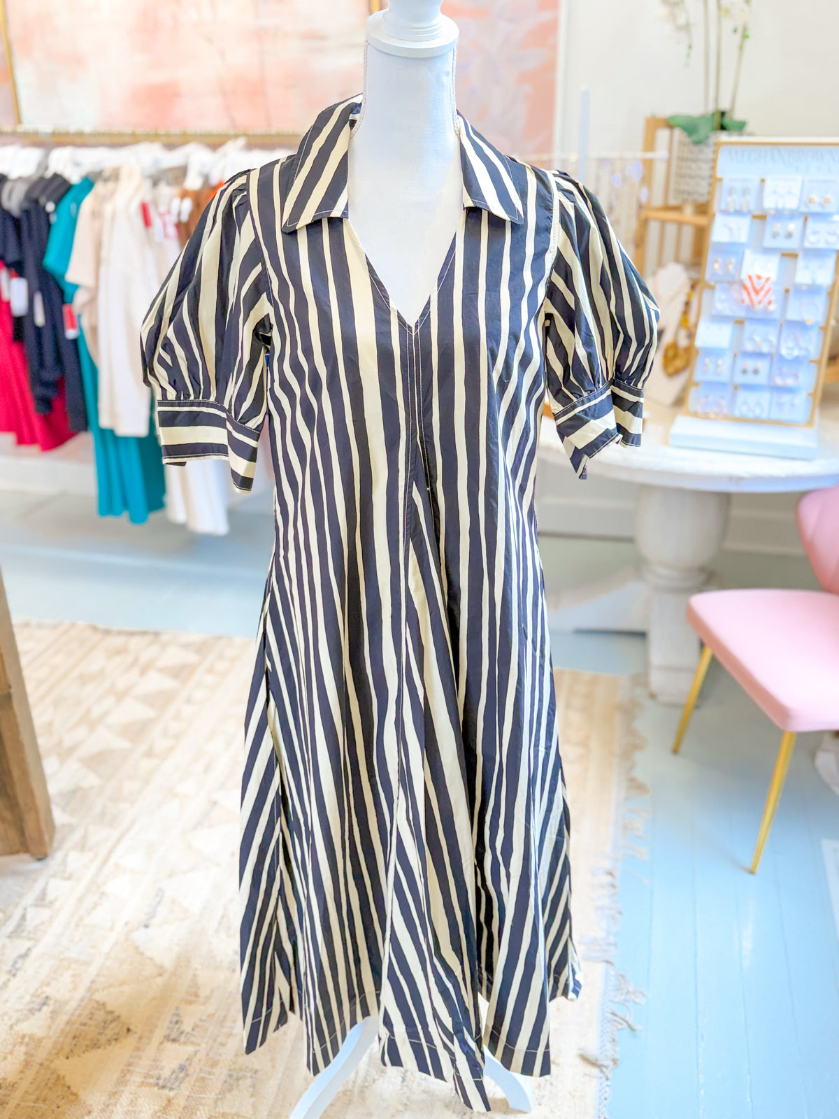 Black and Khaki Striped Collared Midi Dress