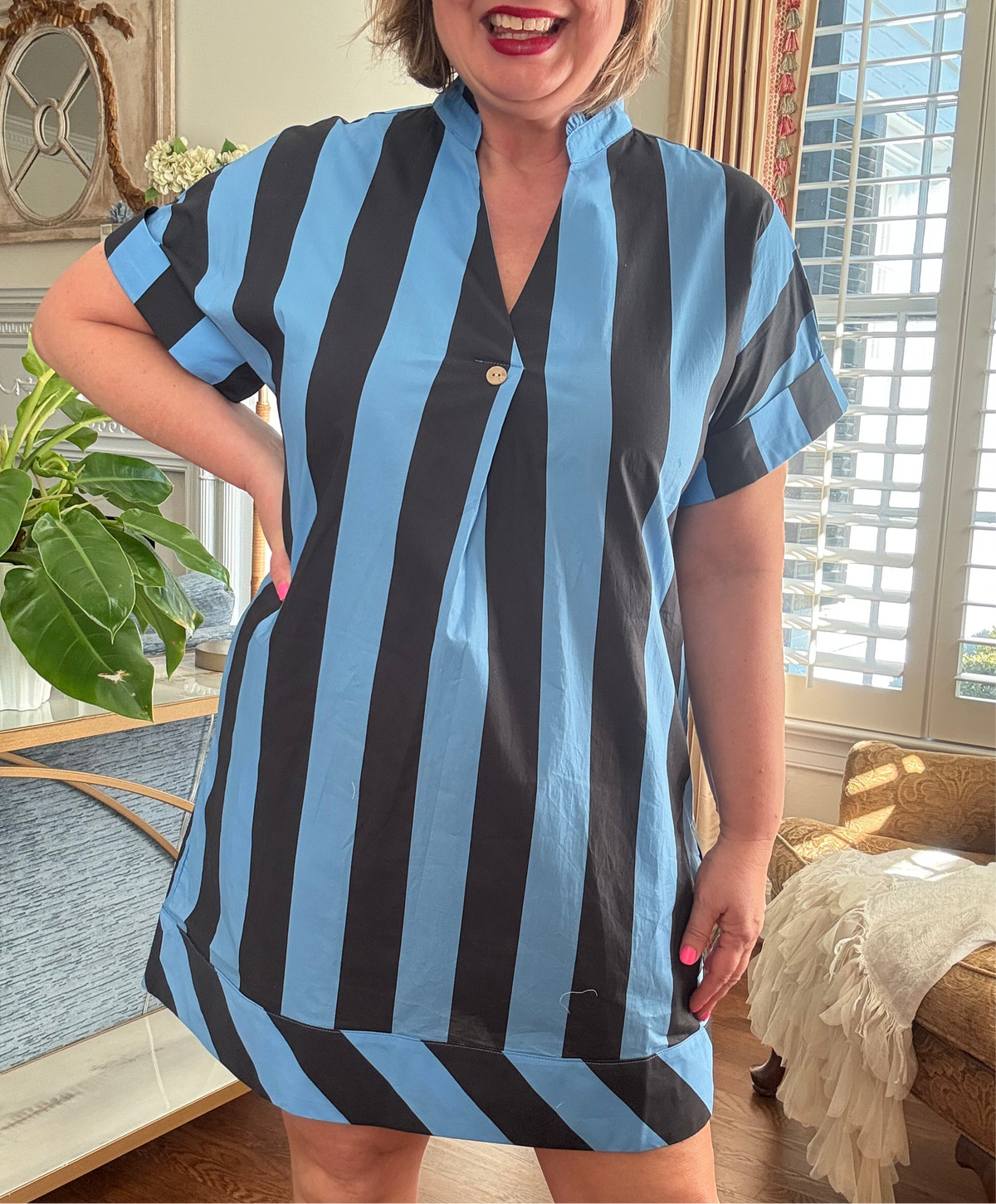 Short Sleeve Striped V-Neck Dress