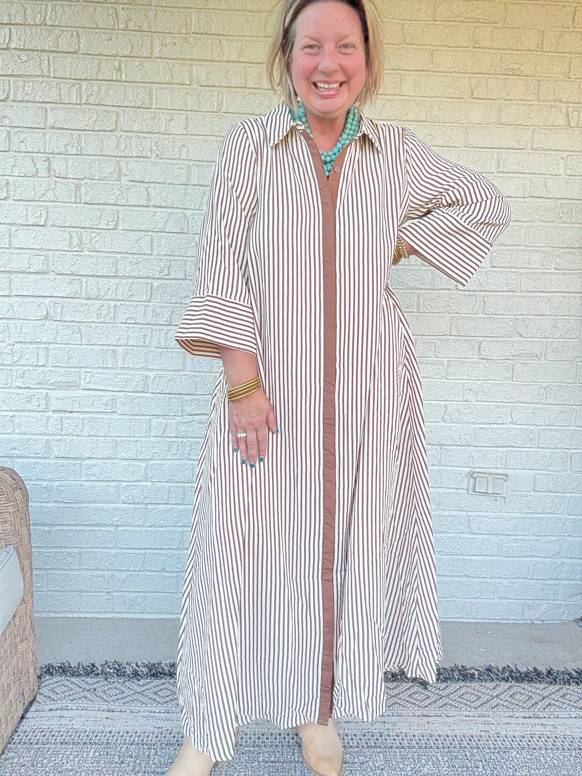 Striped Button Front Maxi Shirt Dress- Caramel