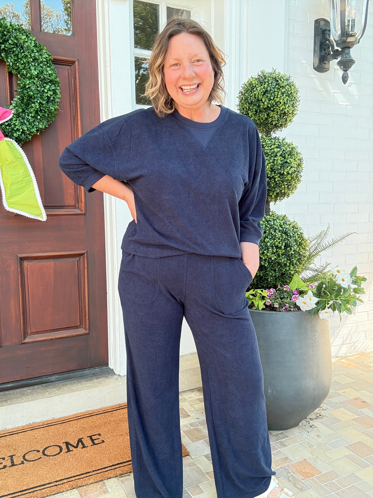 Terry Cropped Sleeve Crew Neck with Wide Leg Pant - Midnight