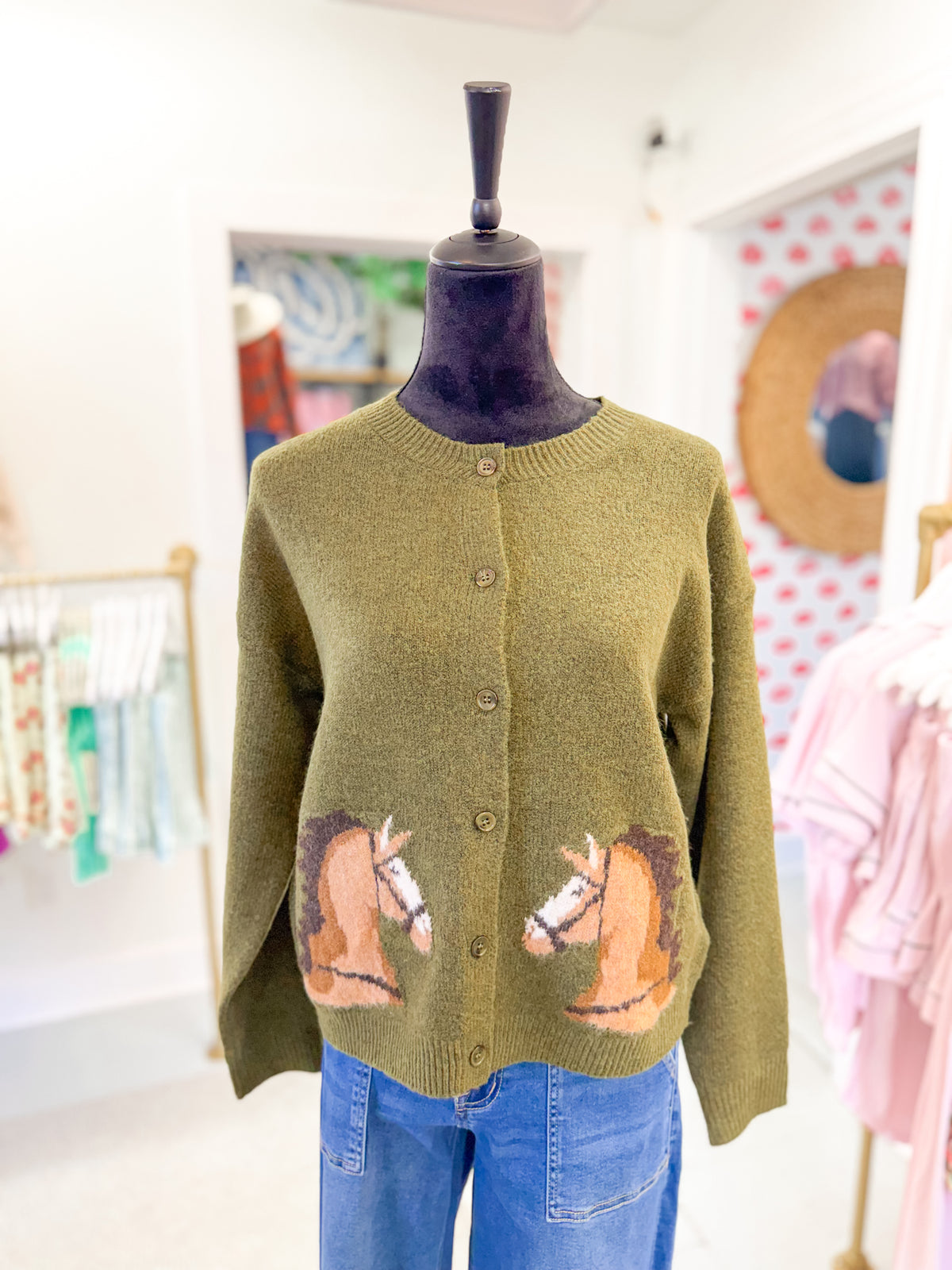 Equestrian Olive Green Cardigan Sweater