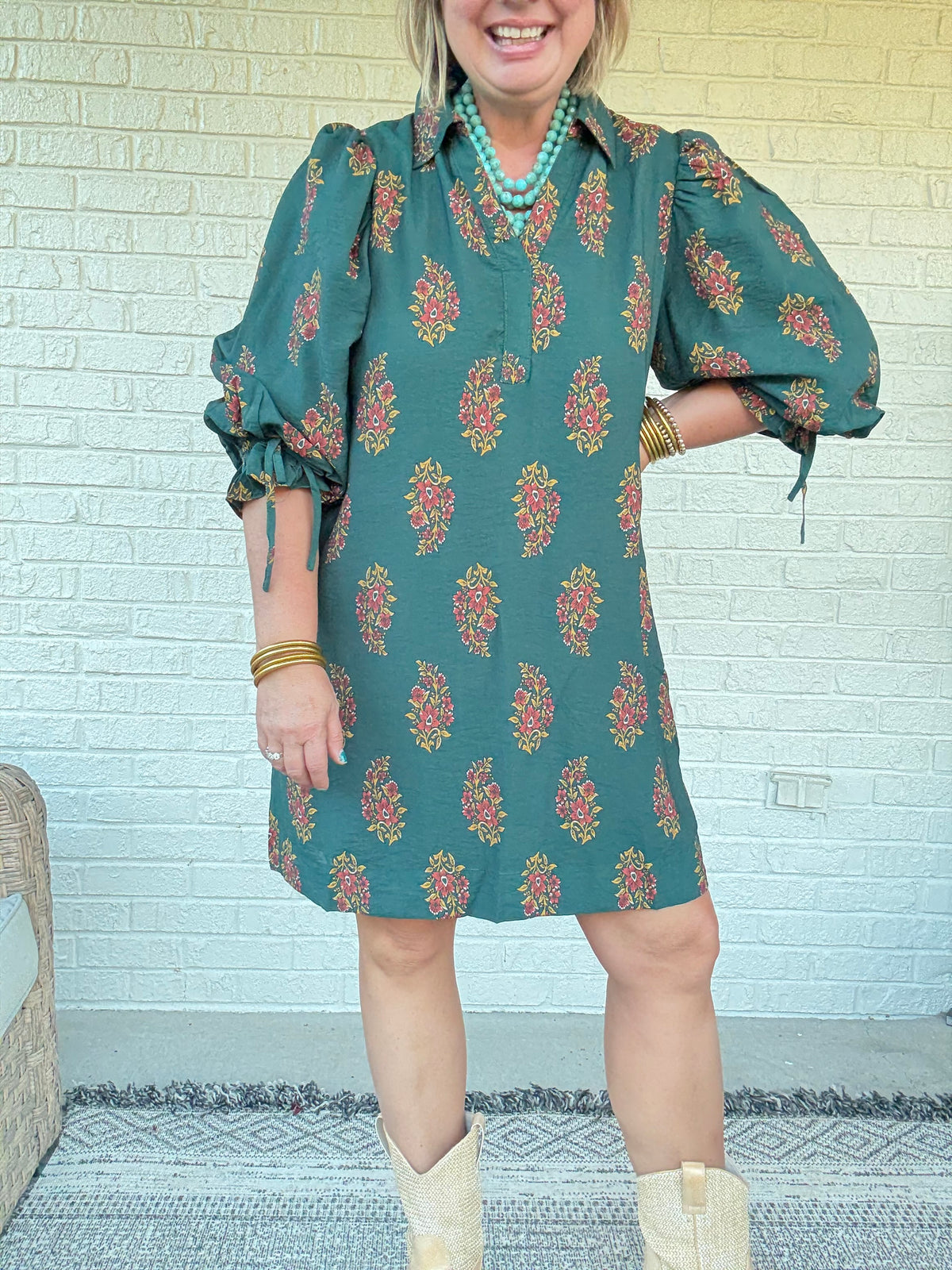 Teal Floral Puff Sleeve Dress