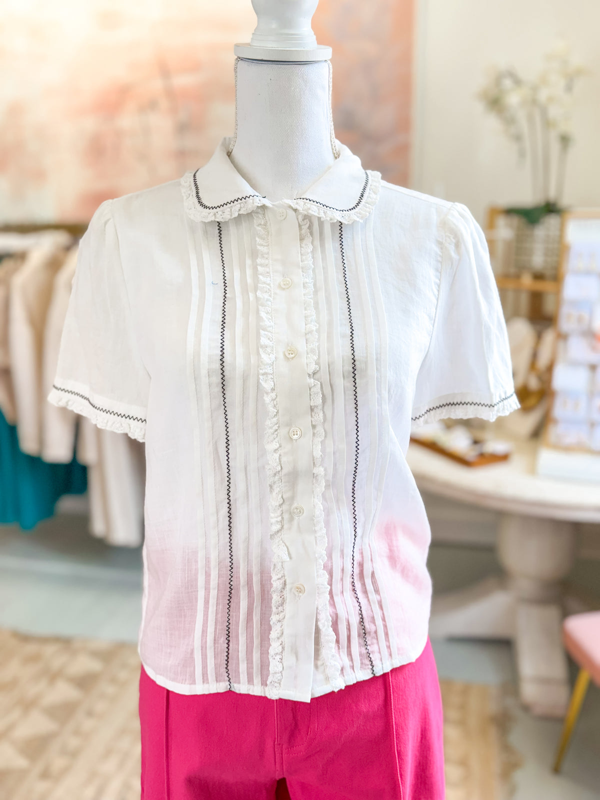 Lace Trim Button-Up Blouse - White
