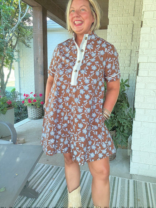 Iris Floral Button Tunic - Brown