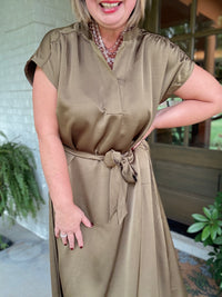 Olive Satin Tie-Back Midi Dress