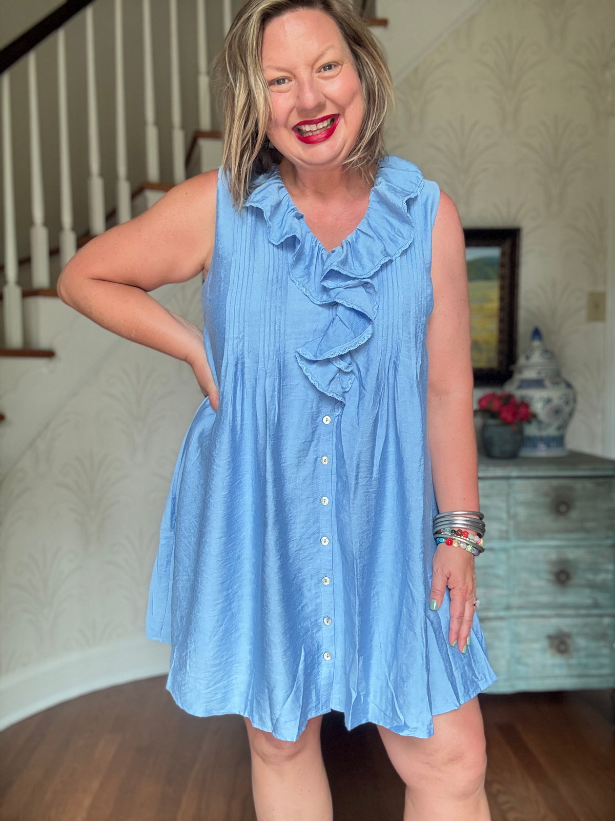 Ruffle Sleeve Dress - Light Blue