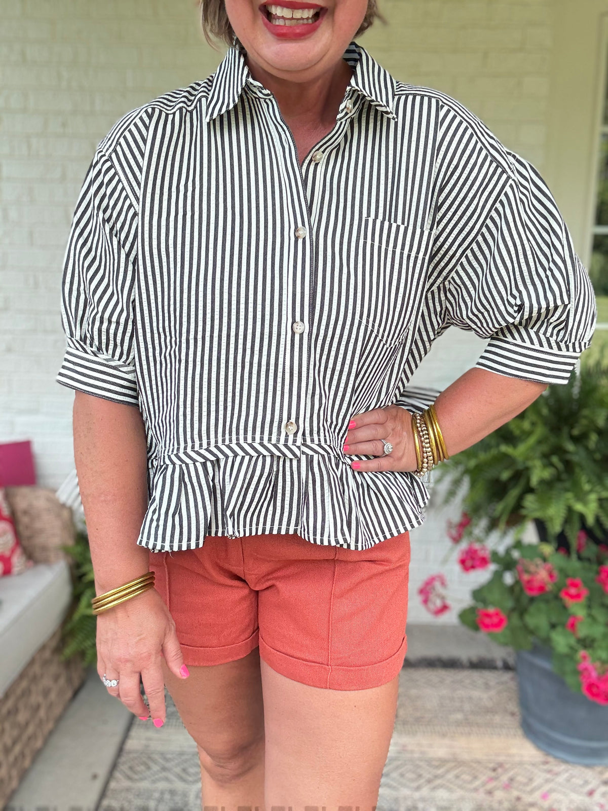Falling for Stripes Ruffle Top - Black