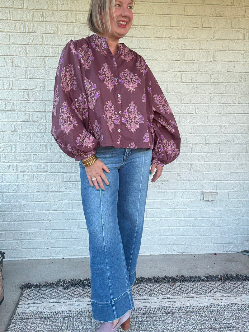 Rosalie Wine Floral Puff Sleeve Blouse