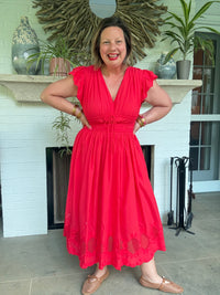 V-Neck Flutter Sleeve Midi Dress with Front Tie Front Detail - Red