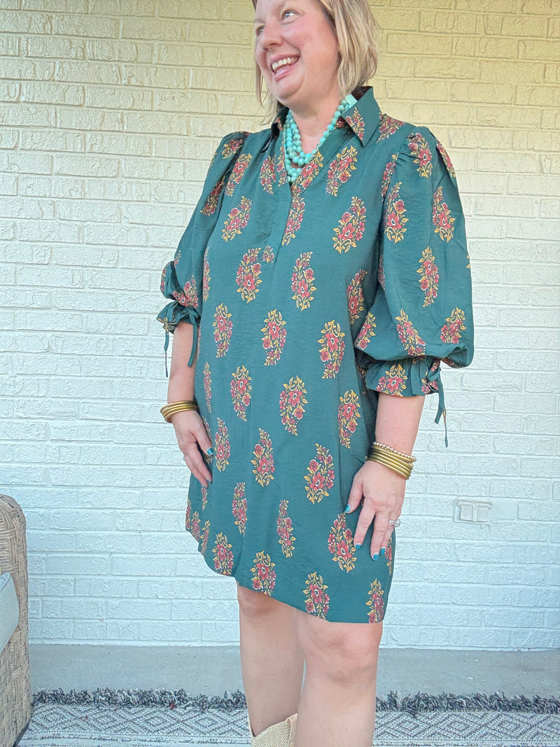 Teal Floral Puff Sleeve Dress