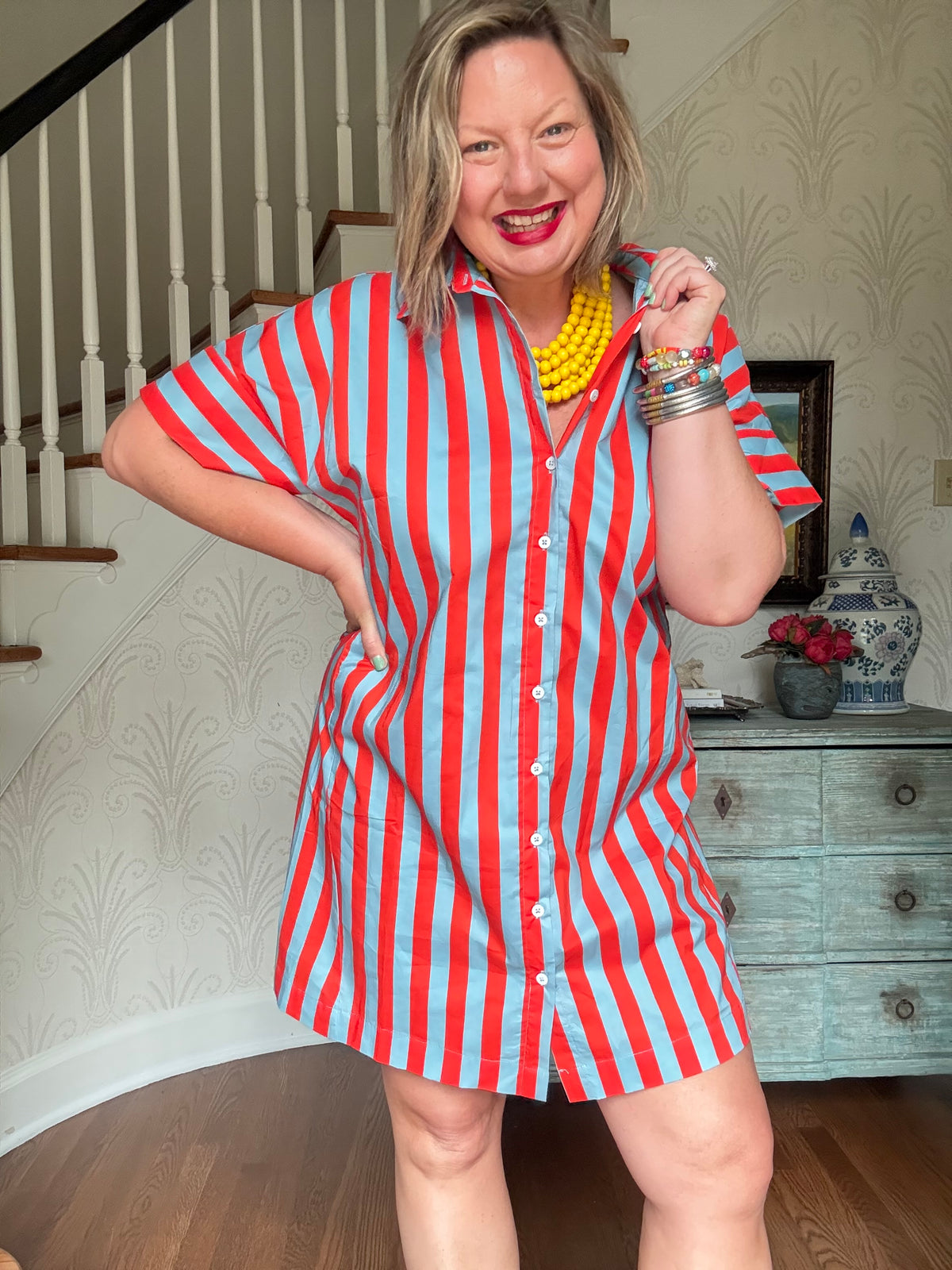 Blue and Red Striped Short Sleeve Button Up Dress
