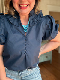 Navy Rachel Ruffle Collar Blouse