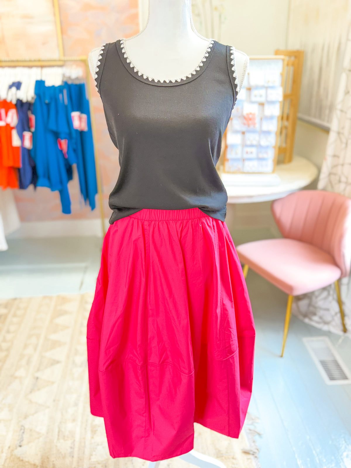 Hot Pink Elastic Waist Midi Skirt