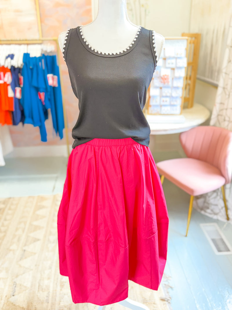 Hot Pink Elastic Waist Midi Skirt