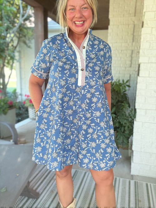 Iris Floral Button Tunic - Blue