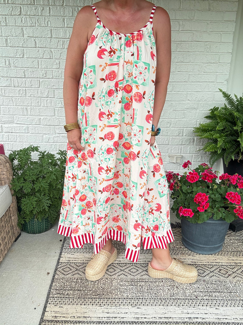 Felicity Fruit Dress w/ Tie Waist - Red