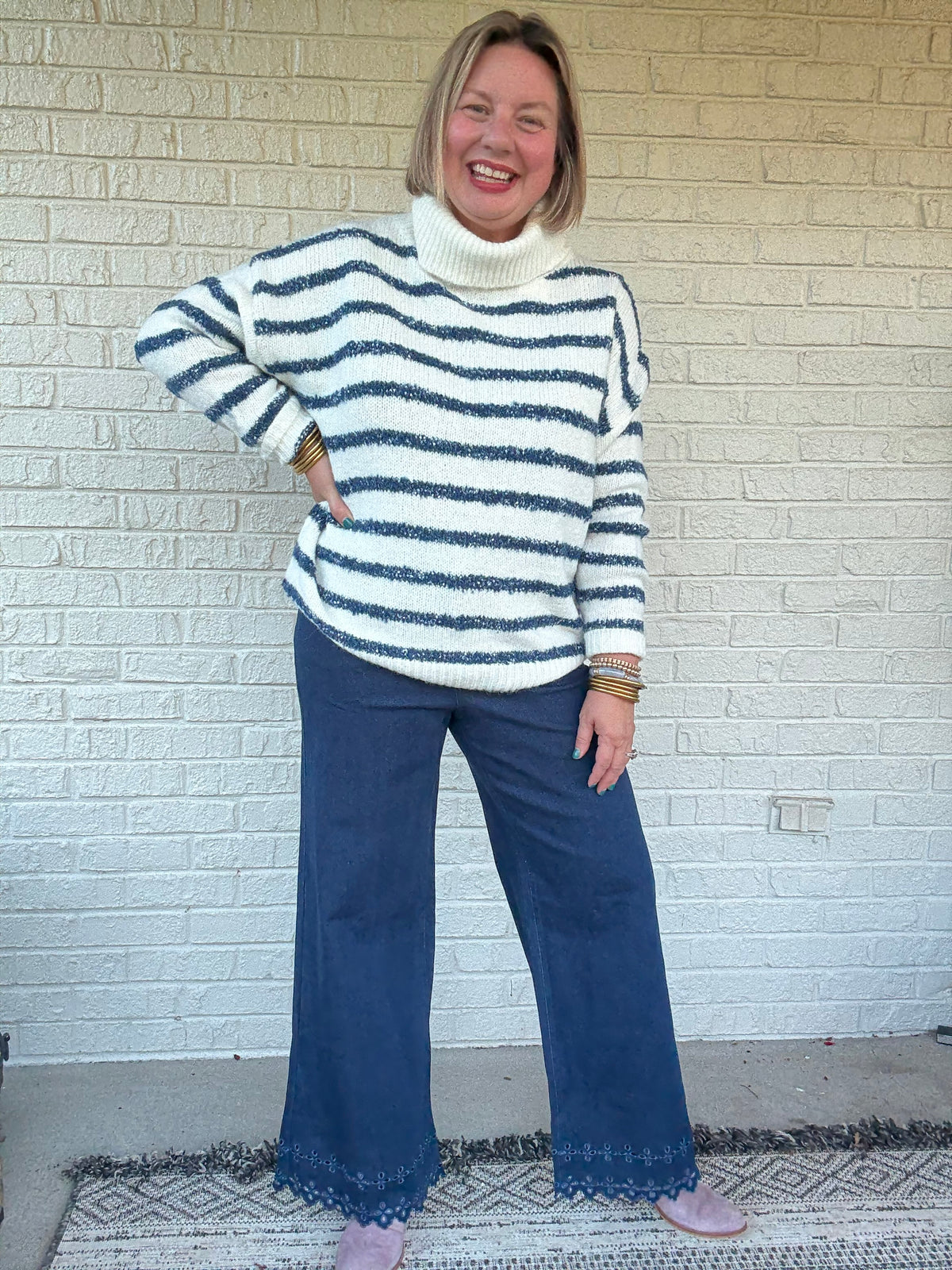 Coastal Chill Blue Stripe Turtleneck Sweater