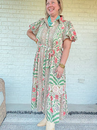 Boho Mixed Print Maxi Dress with Tie Waist