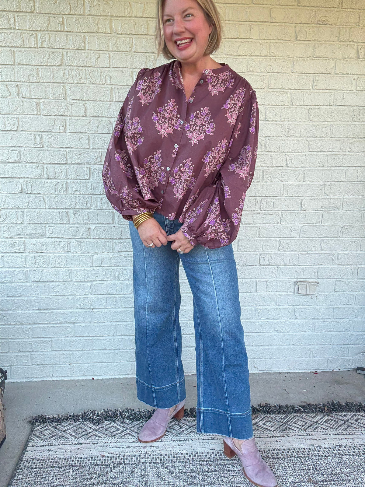 Rosalie Wine Floral Puff Sleeve Blouse