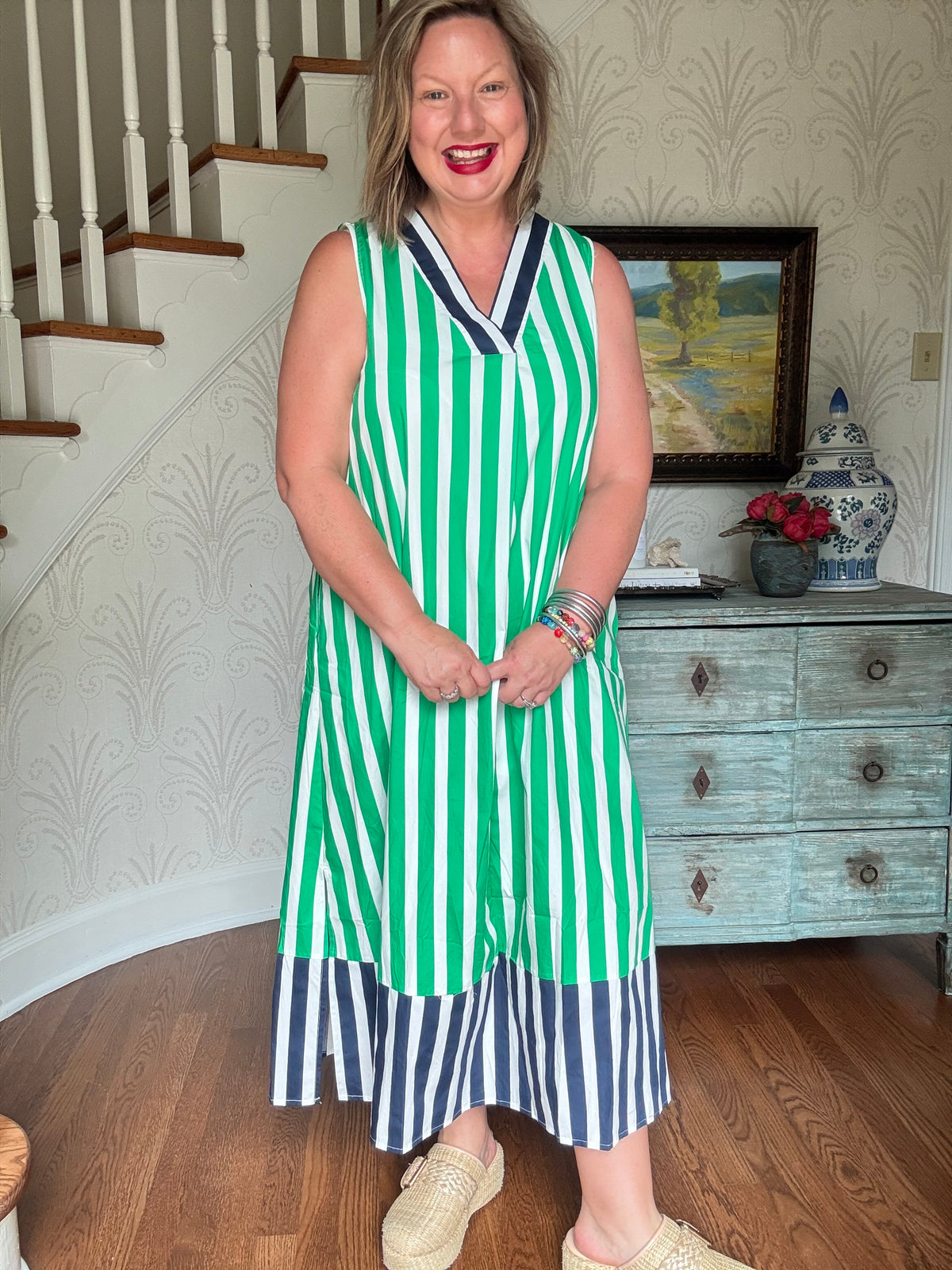 Green Stripe Sleeveless Maxi Dress