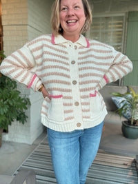 Striped Button-Up Collared Sweater with Pockets - Pink Trim
