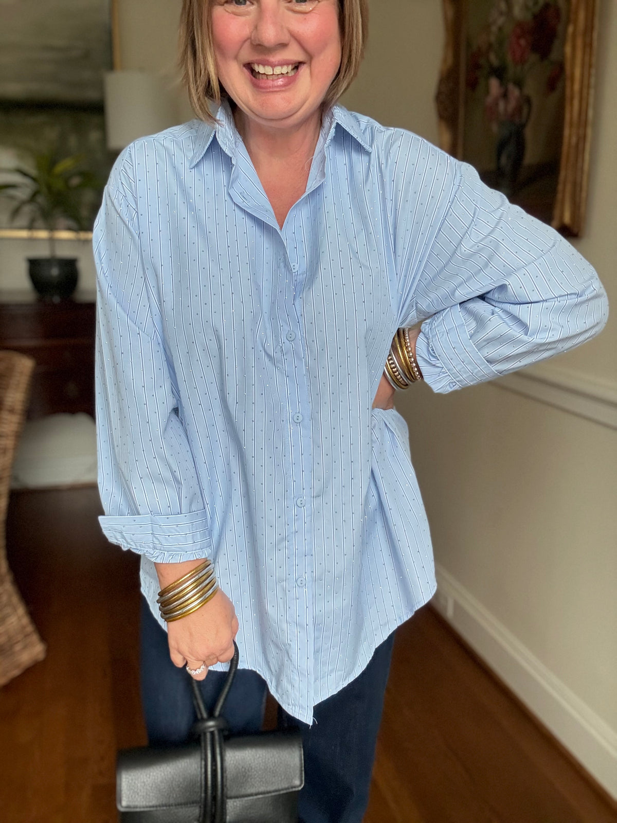 Blue Striped Sparkle Poplin Button-up Shirt