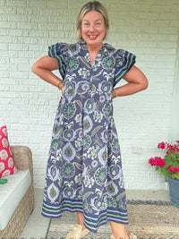 Golden Season Dress w/ Ruffle Sleeve - Navy