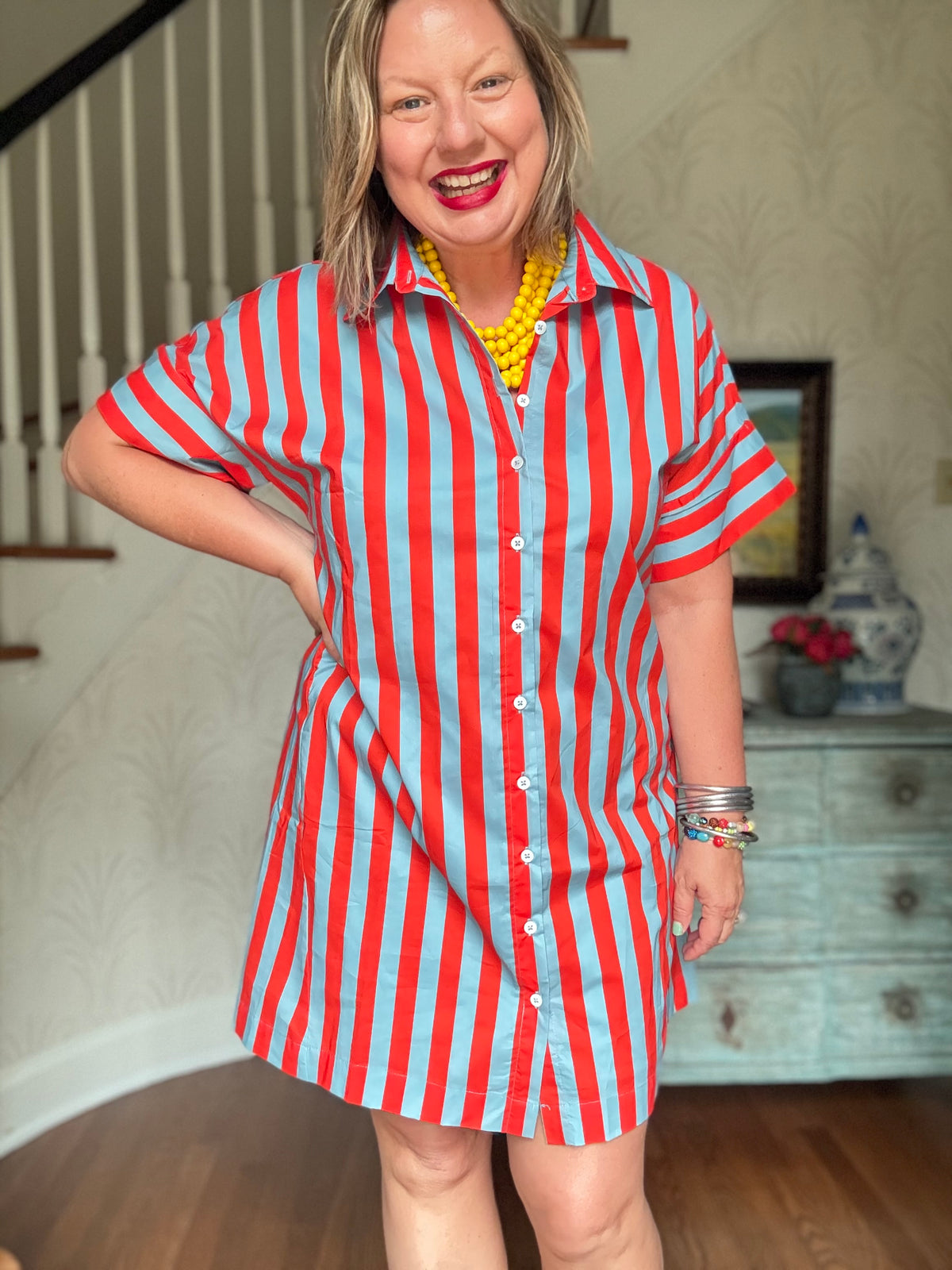 Blue and Red Striped Short Sleeve Button Up Dress