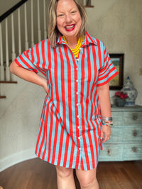 Blue and Red Striped Short Sleeve Button Up Dress