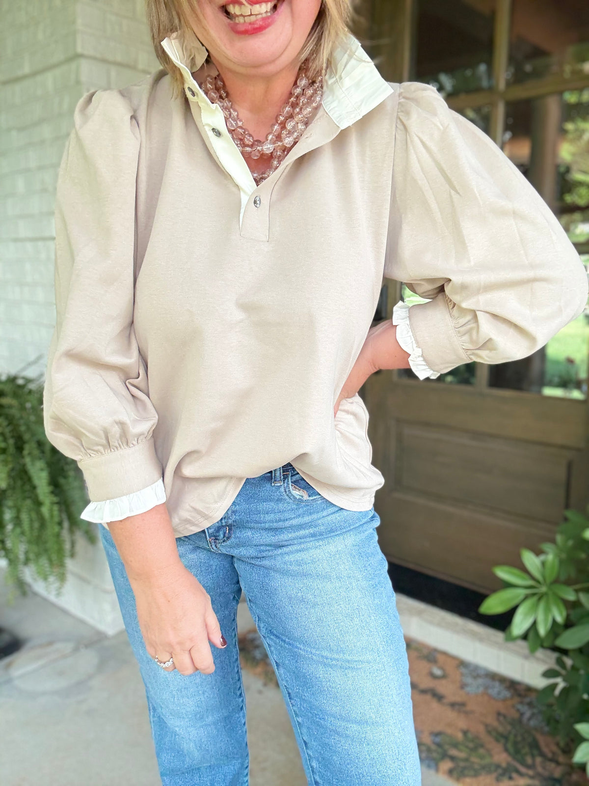 Classic Cream Ruffle Collar Blouse - Almond