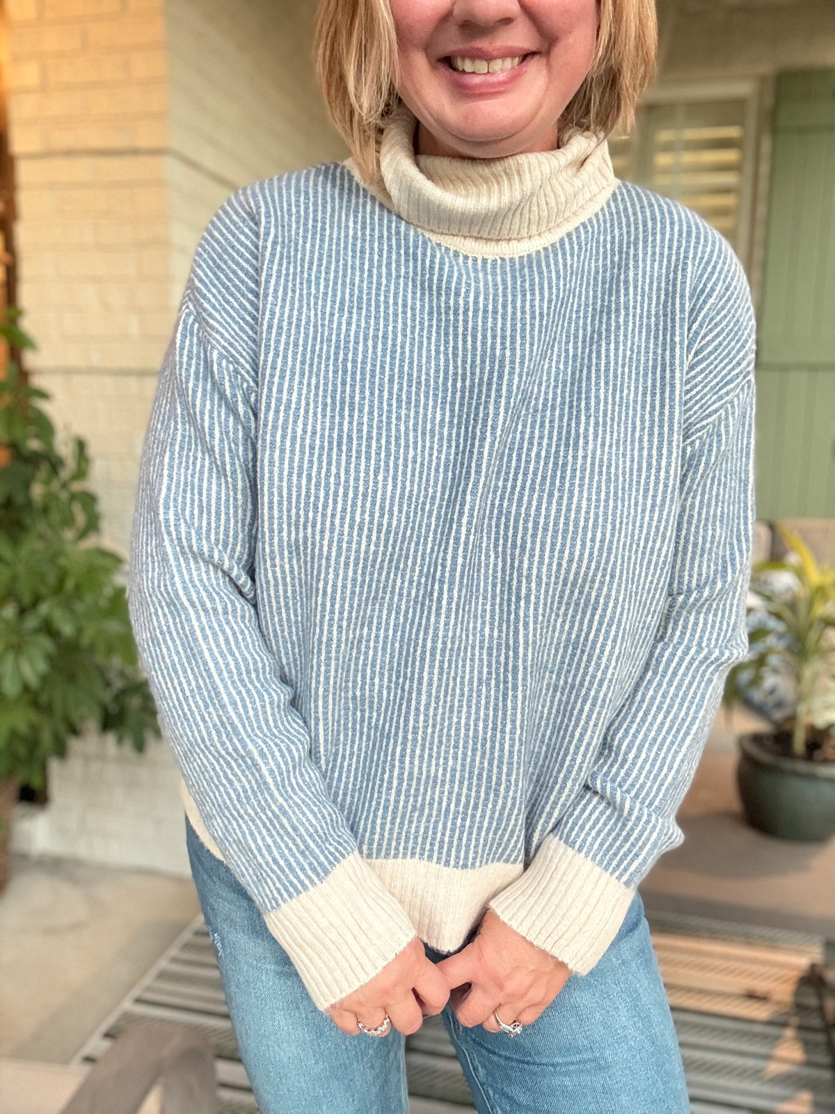Blue & Cream Striped Knit Sweater