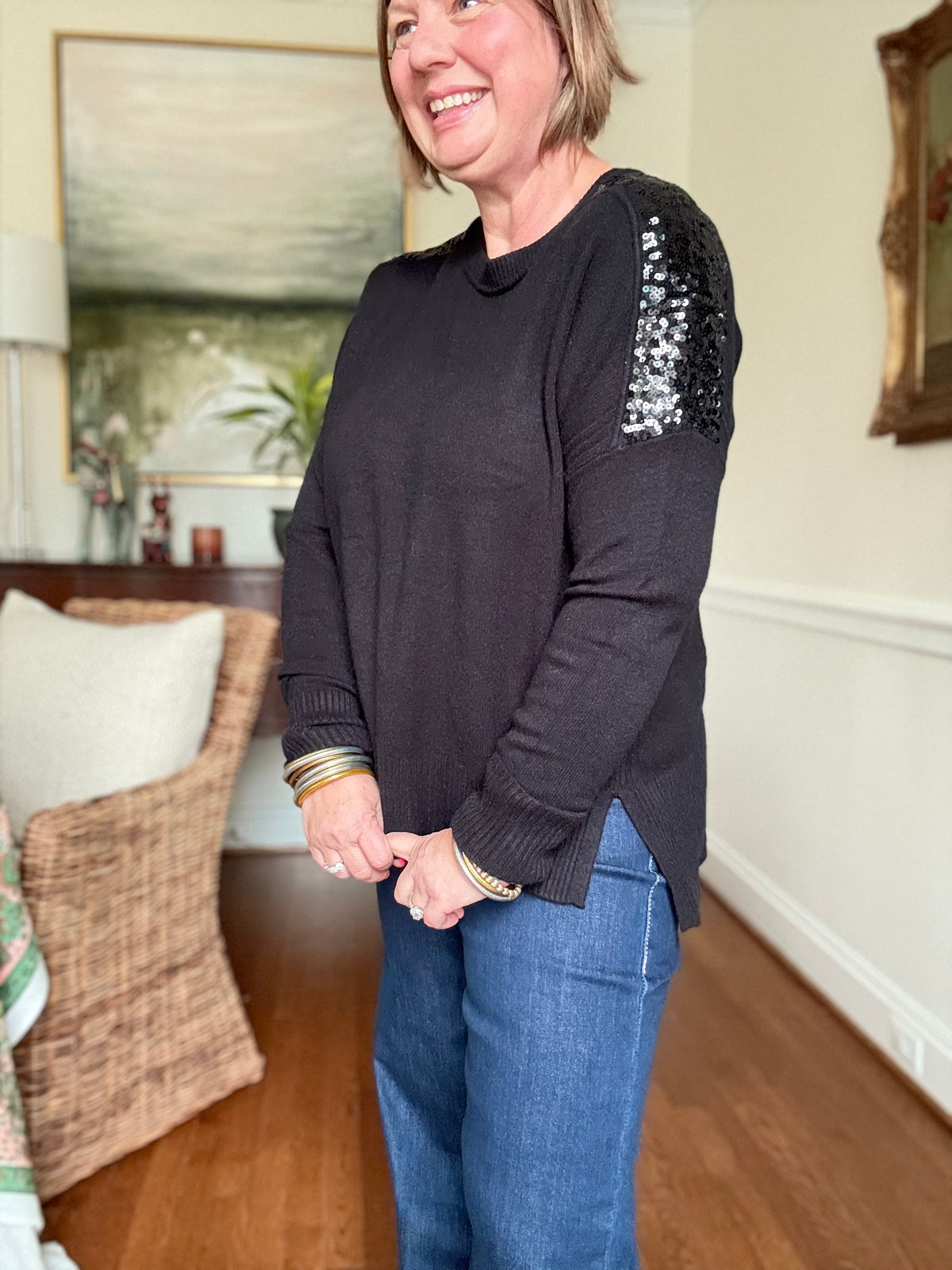 Black Long Sleeve Sweater with Sequins