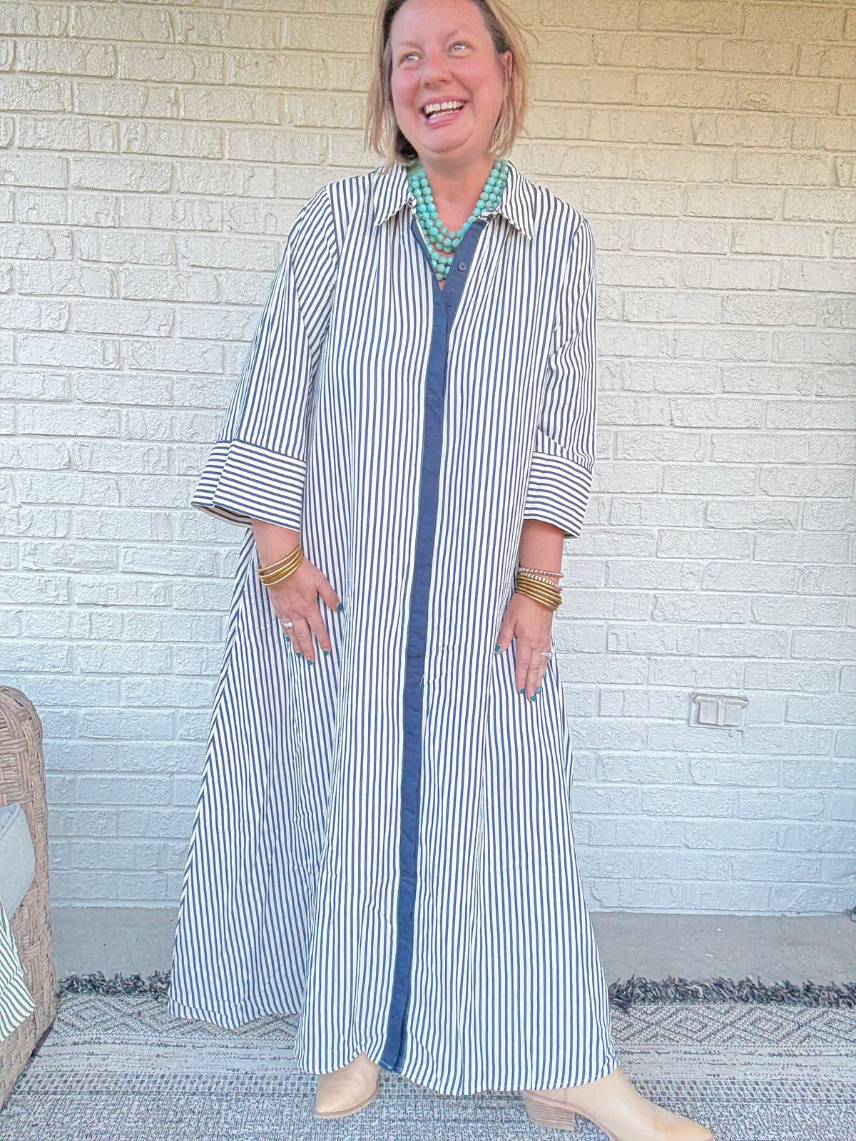 Striped Button Front Maxi Shirt Dress - Indigo