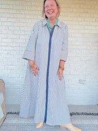 Striped Button Front Maxi Shirt Dress - Indigo