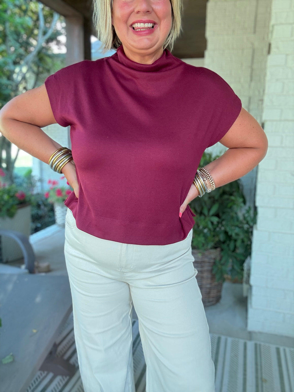 Gaby Mock Neck Top - Burgundy